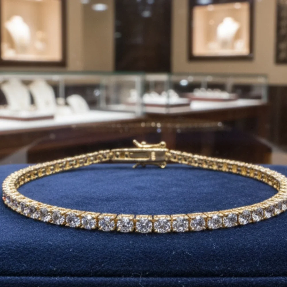 Womens Sterling Silver .925 4mm Zirconia Yellow‎ Gold Plated Tennis Bracelet